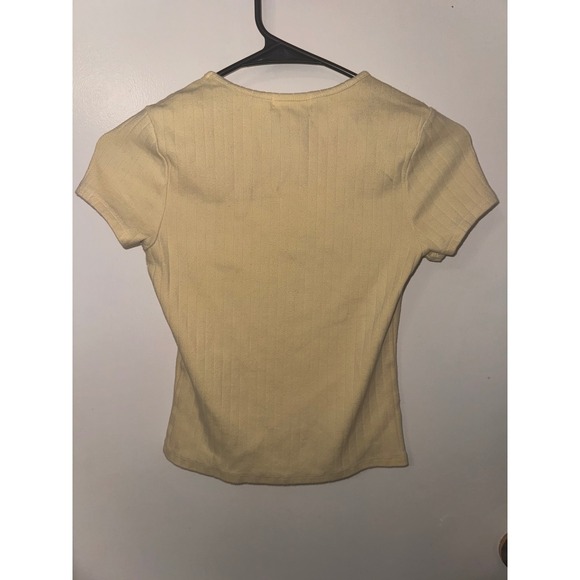 Popular 21 Womens Pale Yellow Ribbed Pointelle Short Sleeve Tee Shirt Small - Picture 3 of 4
